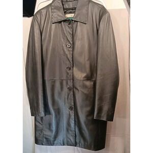 EXCELLED leather jacket vintage black Ladies Long Button Up Sz XL No Zip In Lini